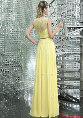 Perfect Scoop Laced and Beaded Chiffon Prom Dress in Yellow