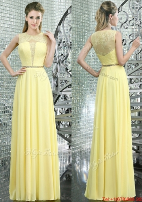 Perfect Scoop Laced and Beaded Chiffon Prom Dress in Yellow