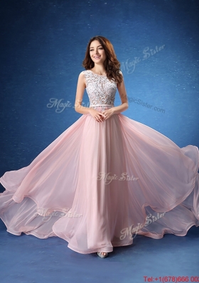 Perfect Scoop Laced and Belted Chiffon Prom Dress in Baby Pink