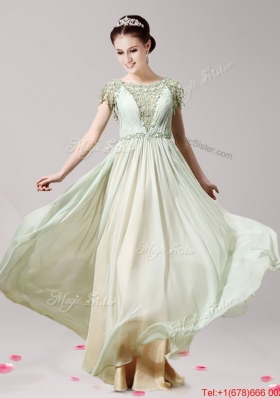 Perfect Scoop Short Sleeves Apple Green Prom Dress with Appliques for Spring