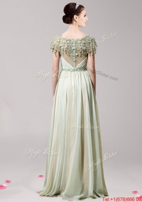 Perfect Scoop Short Sleeves Apple Green Prom Dress with Appliques for Spring