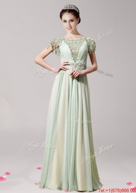 Perfect Scoop Short Sleeves Apple Green Prom Dress with Appliques for Spring