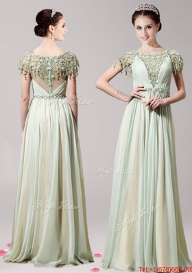 Perfect Scoop Short Sleeves Apple Green Prom Dress with Appliques for Spring