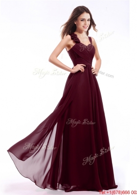 Popular Straps Burgundy Prom Dress with Hand Made Flowers