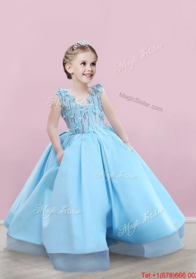 Romantic Deep V Neckline Baby Blue Evening Dress with Appliques and Best Selling V Neck Little Girl Dress in Satin