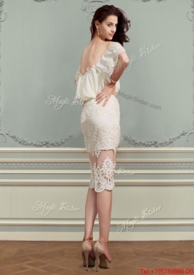 Romantic Off the Shoulder Short Sleeves Champagne Prom Dress with Lace