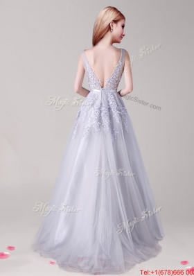 Romantic V Neck Applique and Belted Backless Prom Dress in Silver