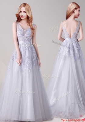 Romantic V Neck Applique and Belted Backless Prom Dress in Silver