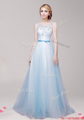 See Through Scoop Applique and Bowknot Prom Dress in Light Blue