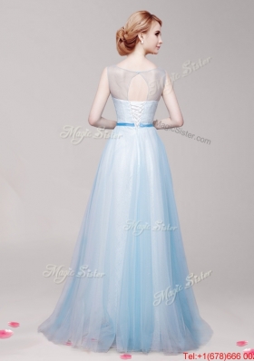 See Through Scoop Applique and Bowknot Prom Dress in Light Blue