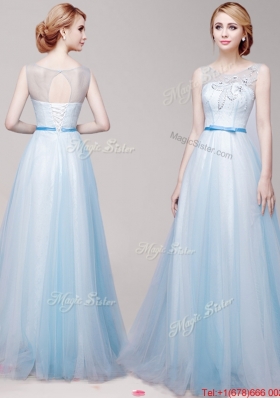 See Through Scoop Applique and Bowknot Prom Dress in Light Blue