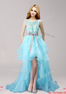 See Through Scoop Appliqued and Bowknot Prom Dress in High Low