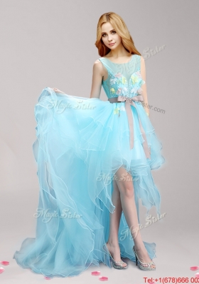 See Through Scoop Appliqued and Bowknot Prom Dress in High Low