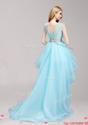 See Through Scoop Appliqued and Bowknot Prom Dress in High Low