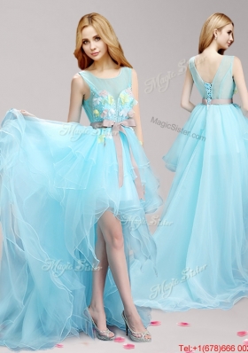 See Through Scoop Appliqued and Bowknot Prom Dress in High Low