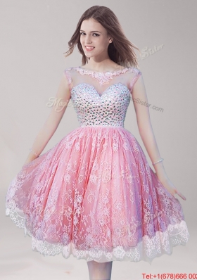 See Through Scoop Beaded and Laced Prom Dress in Watermelon Red