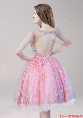 See Through Scoop Beaded and Laced Prom Dress in Watermelon Red