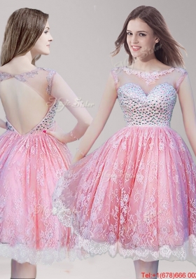 See Through Scoop Beaded and Laced Prom Dress in Watermelon Red