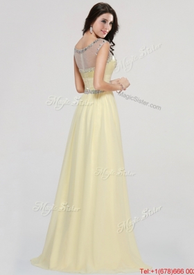 See Through Scoop Chiffon Light Yellow Prom Dress with Beading