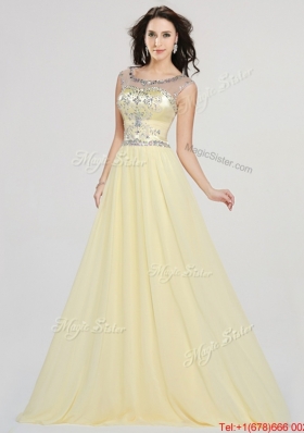 See Through Scoop Chiffon Light Yellow Prom Dress with Beading