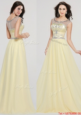 See Through Scoop Chiffon Light Yellow Prom Dress with Beading