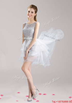 See Through Scoop Laced and Bowknot Short Prom Dress in Grey