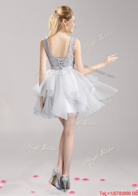 See Through Scoop Laced and Bowknot Short Prom Dress in Grey