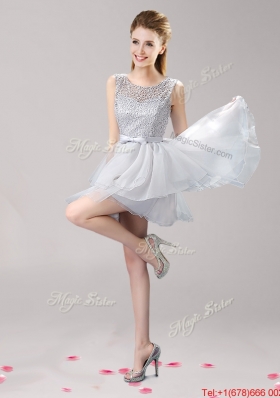 See Through Scoop Laced and Bowknot Short Prom Dress in Grey