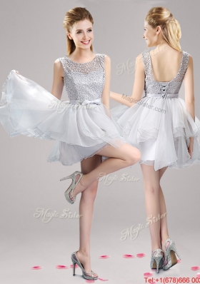 See Through Scoop Laced and Bowknot Short Prom Dress in Grey