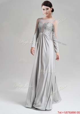 See Through Scoop Long Sleeves Beaded and Laced Prom Dress in Grey