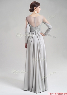 See Through Scoop Long Sleeves Beaded and Laced Prom Dress in Grey