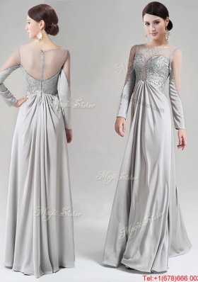 See Through Scoop Long Sleeves Beaded and Laced Prom Dress in Grey