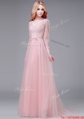 See Through V Neck Baby Pink Prom Dress with Lace and Bowknot