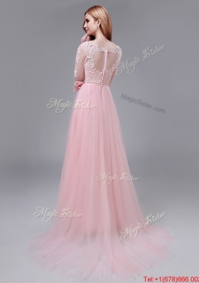 See Through V Neck Baby Pink Prom Dress with Lace and Bowknot