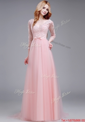 See Through V Neck Baby Pink Prom Dress with Lace and Bowknot