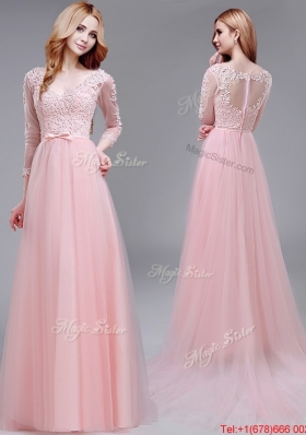 See Through V Neck Baby Pink Prom Dress with Lace and Bowknot
