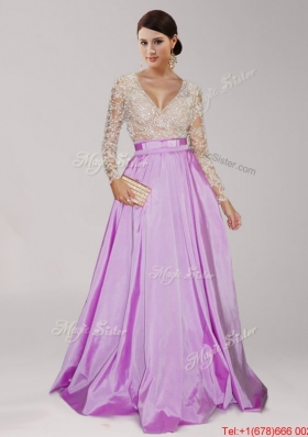 Sexy Deep V Neckline Beaded and Belted Prom Dress in Lilac