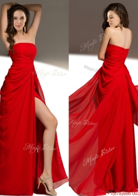 Sexy Strapless High Slit Red Prom Dress in Chiffon