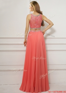 Two Piece Scoop Watermelon Red Evening Dress with Beading