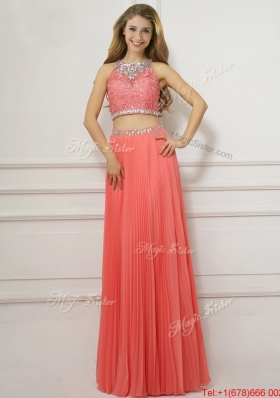 Two Piece Scoop Watermelon Red Evening Dress with Beading