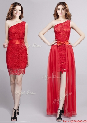 Unique One Shoulder Bowknot and Laced Detachable Prom Dress in Red