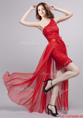 Unique One Shoulder Bowknot and Laced Detachable Prom Dress in Red