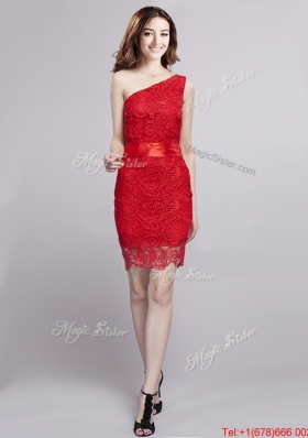 Unique One Shoulder Bowknot and Laced Detachable Prom Dress in Red