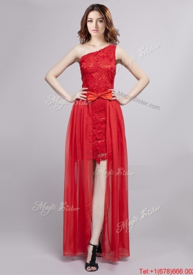 Unique One Shoulder Bowknot and Laced Detachable Prom Dress in Red