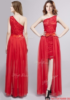 Unique One Shoulder Bowknot and Laced Detachable Prom Dress in Red