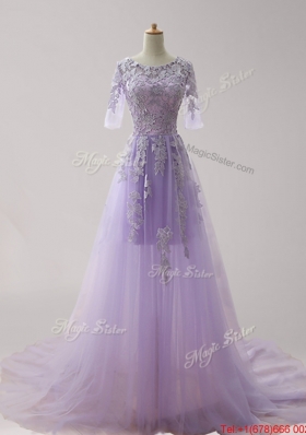 Beautiful Scoop Half Sleeves Applique Evening Dress in Lavender