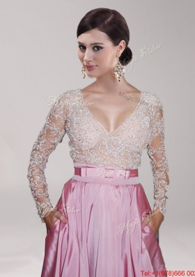 Best Deep V Neckline Long Sleeves Pink Evening Dress with Beading and Belt