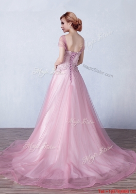 Classical Strapless Applique Brush Train Evening Dress in Tulle