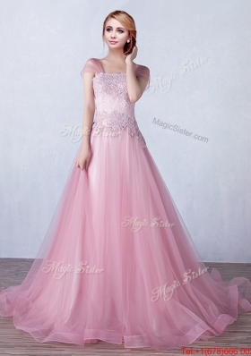 Classical Strapless Applique Brush Train Evening Dress in Tulle