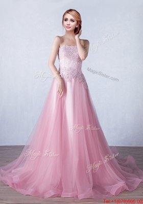 Classical Strapless Applique Brush Train Evening Dress in Tulle